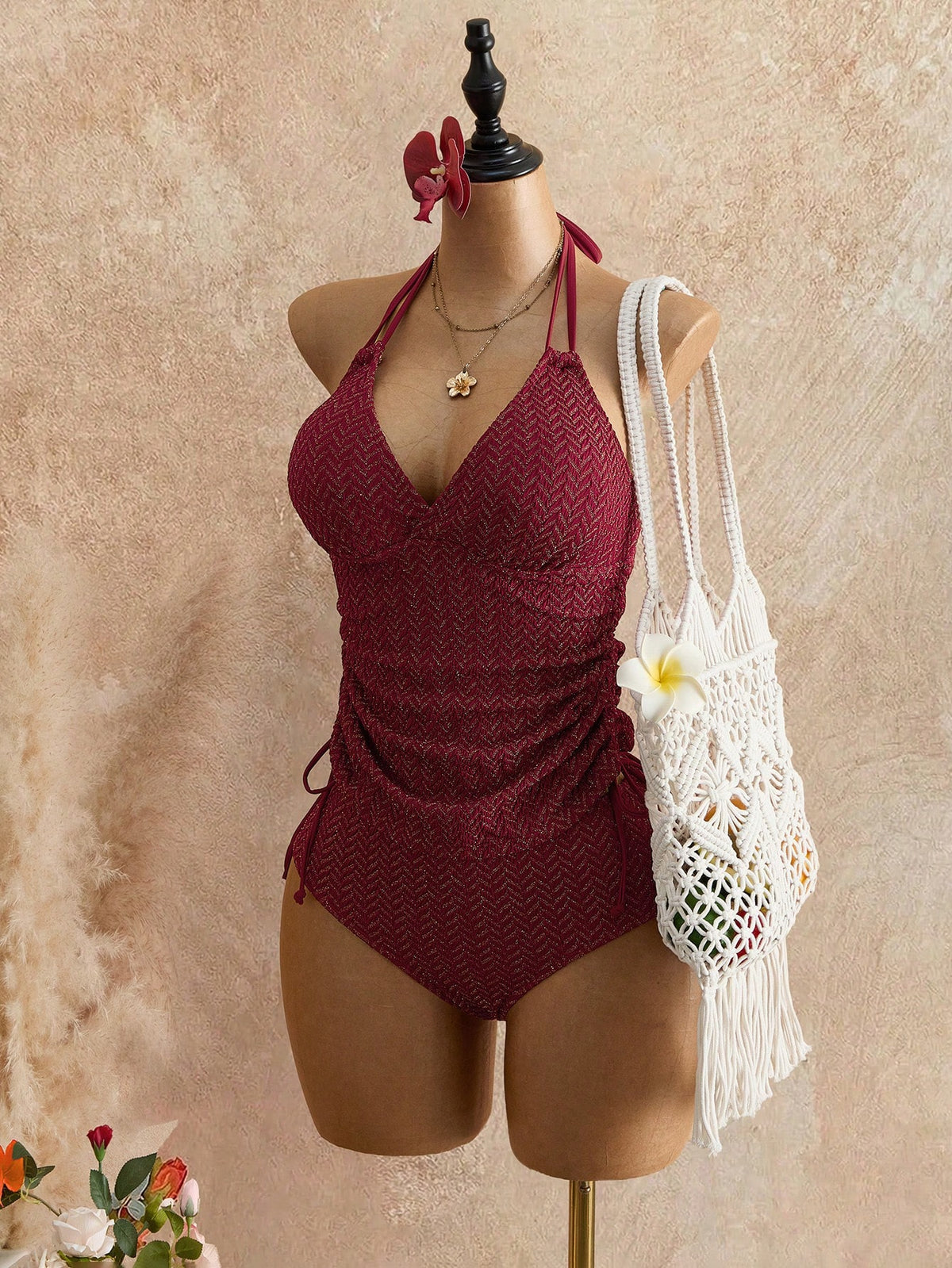 Swim Chiccia Women's Summer Vacation Casual Beach Wear Burgundy Two Pieces Bikini Set Textured Fabric Halter Neck Tie Swimsuit Set Elegant Holiday Swimwear