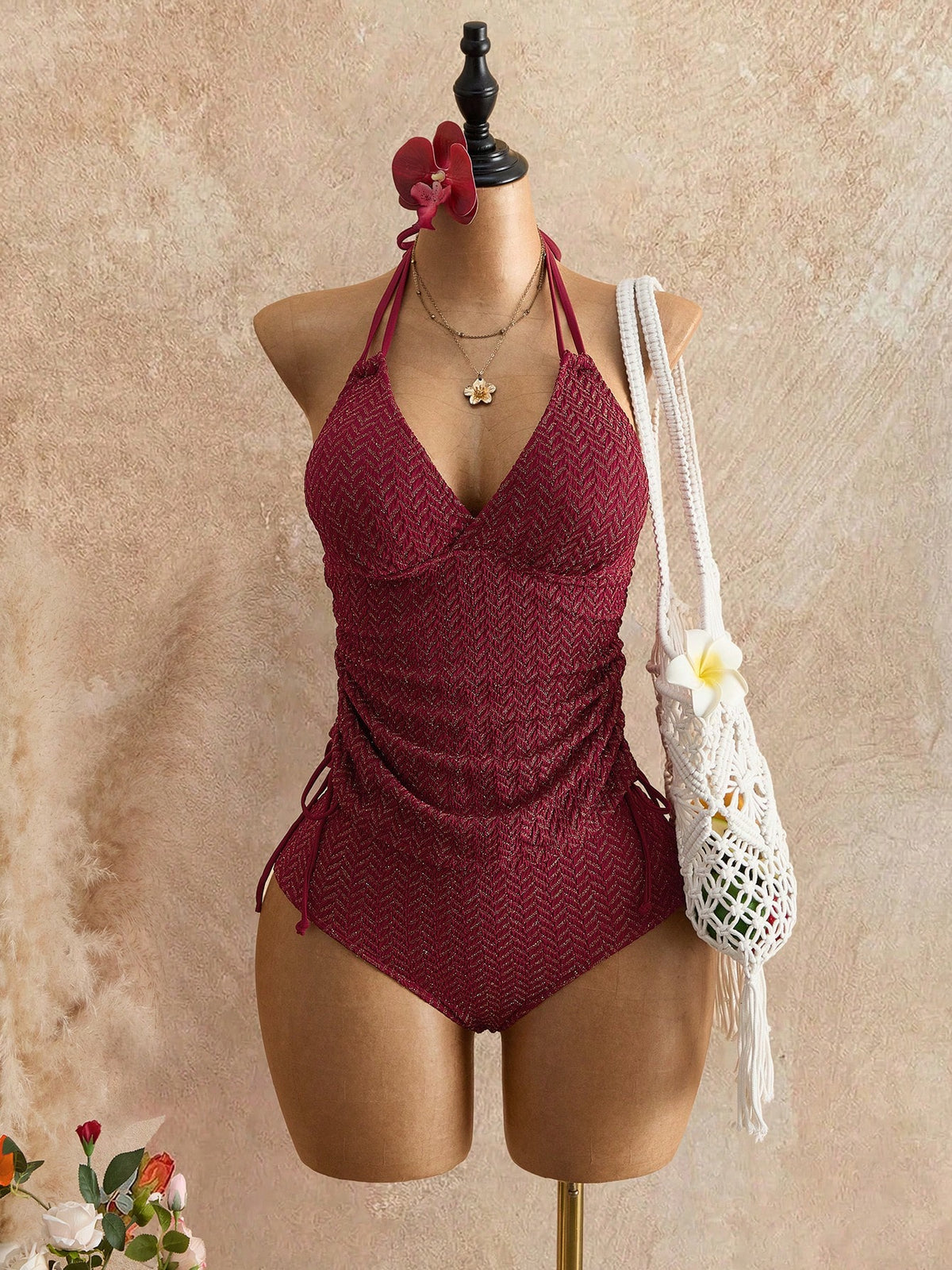 Swim Chiccia Women's Summer Vacation Casual Beach Wear Burgundy Two Pieces Bikini Set Textured Fabric Halter Neck Tie Swimsuit Set Elegant Holiday Swimwear