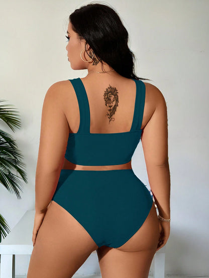 Swim Curve Plus Size Solid Color Strap Simple Bikini Set And Ruched Swimwear Set, Bikini Set Summer Beach