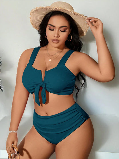 Swim Curve Plus Size Solid Color Strap Simple Bikini Set And Ruched Swimwear Set, Bikini Set Summer Beach
