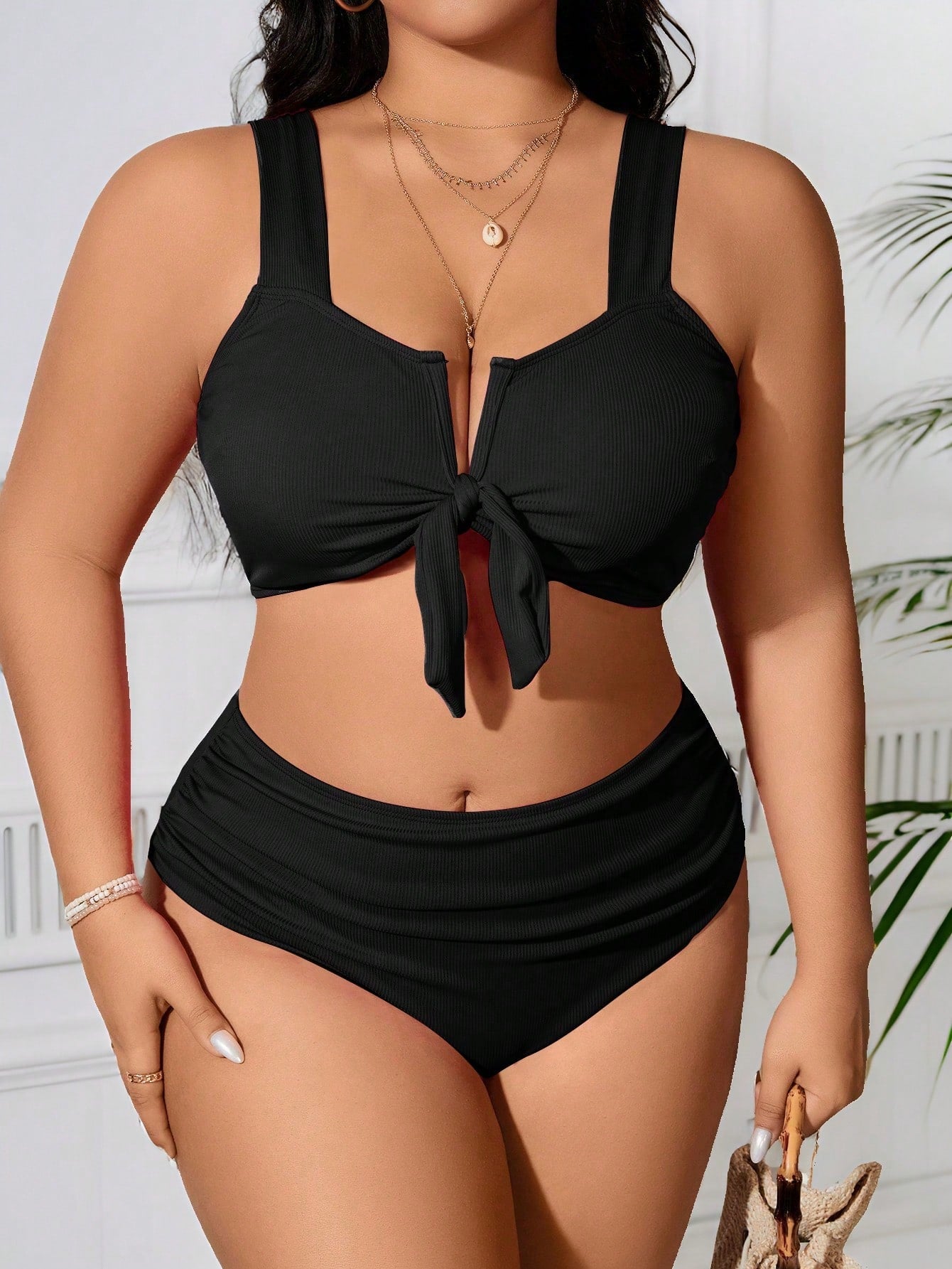 Swim Curve Plus Size Solid Color Strap Simple Bikini Set And Ruched Swimwear Set, Bikini Set Summer Beach