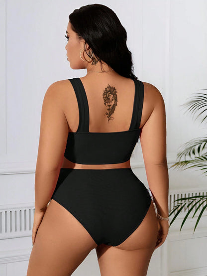 Swim Curve Plus Size Solid Color Strap Simple Bikini Set And Ruched Swimwear Set, Bikini Set Summer Beach