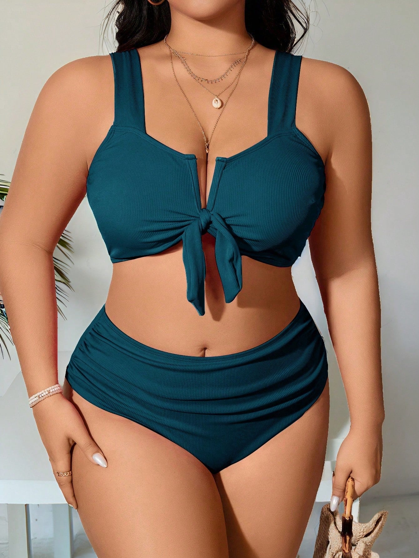 Swim Curve Plus Size Solid Color Strap Simple Bikini Set And Ruched Swimwear Set, Bikini Set Summer Beach