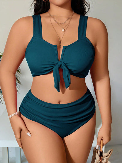Swim Curve Plus Size Solid Color Strap Simple Bikini Set And Ruched Swimwear Set, Bikini Set Summer Beach