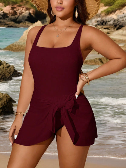 Swim Curve Plus Size Solid Color Tie-Front Swimsuit Skirt, Beach Resort Style For Summer Beach Vacation