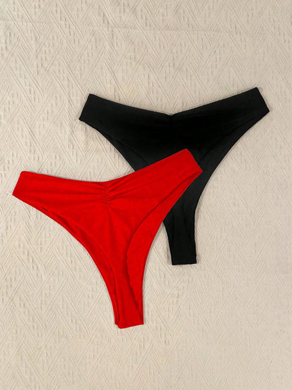 Swim Curve Plus Size Summer Beach Solid Color Ruched Bikini Bottom