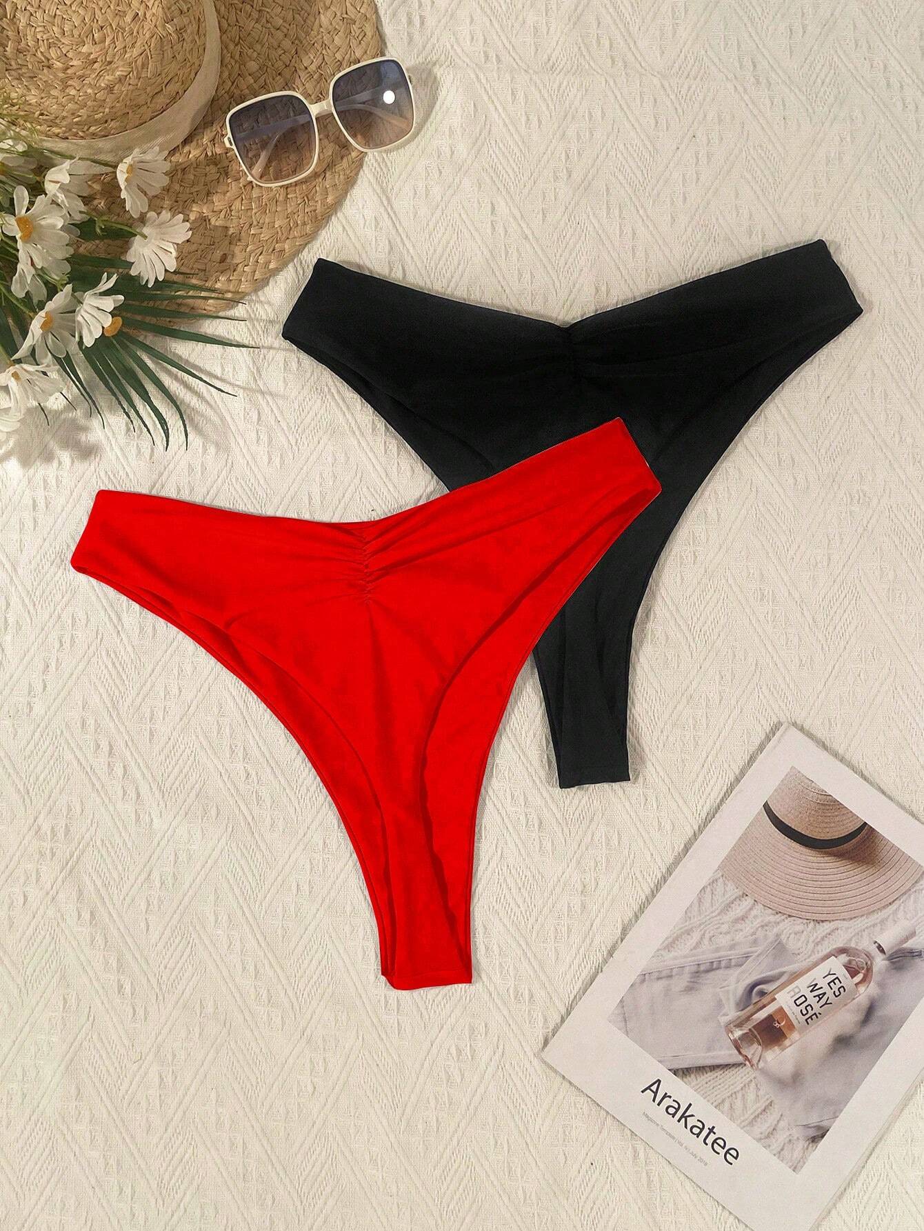 Swim Curve Plus Size Summer Beach Solid Color Ruched Bikini Bottom
