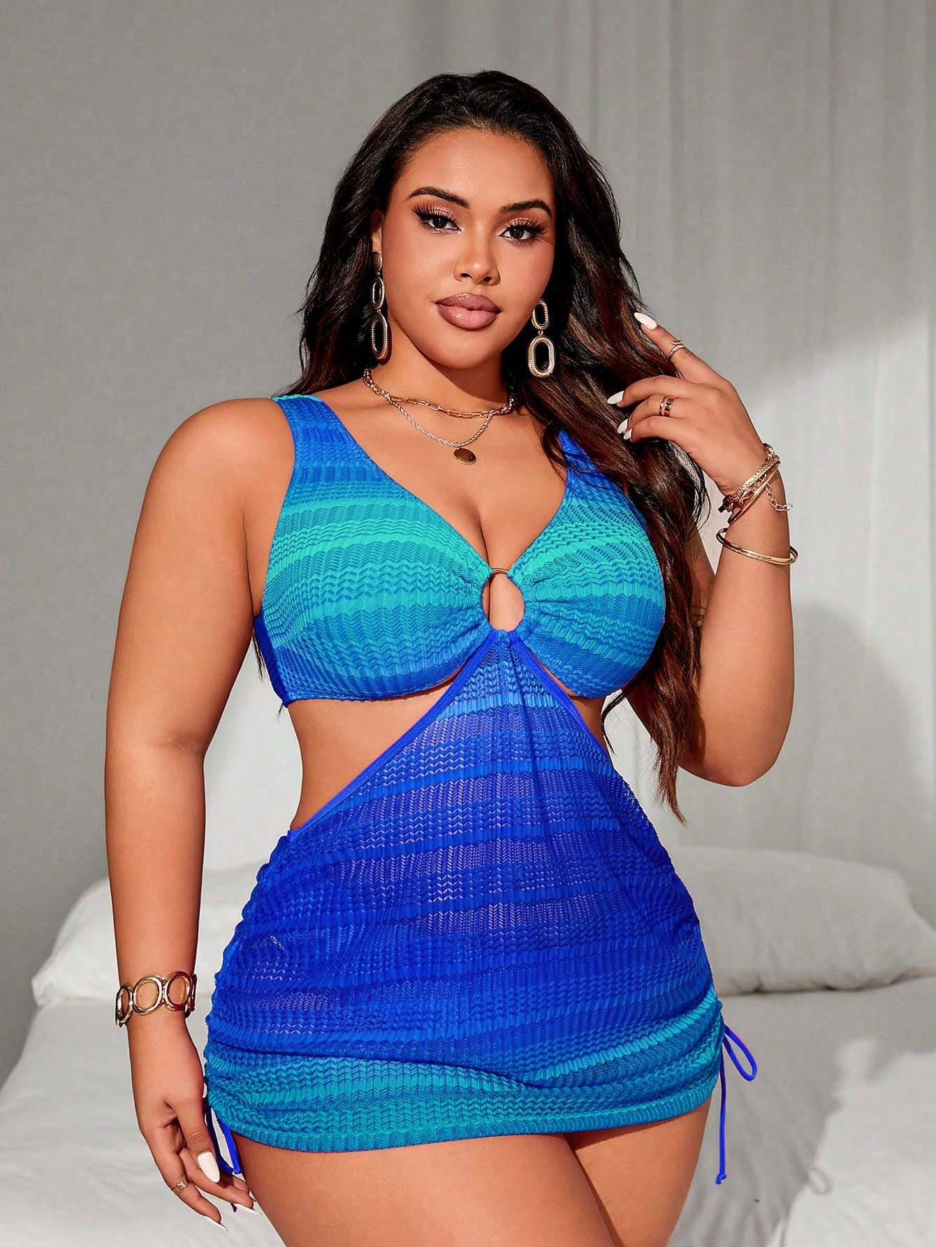 Swim Curve Plus Size Women 2pcs Ombre Color Wide Strap Waist Hollow Out Drawstring Split Sexy Fashion Swimsuit Set
