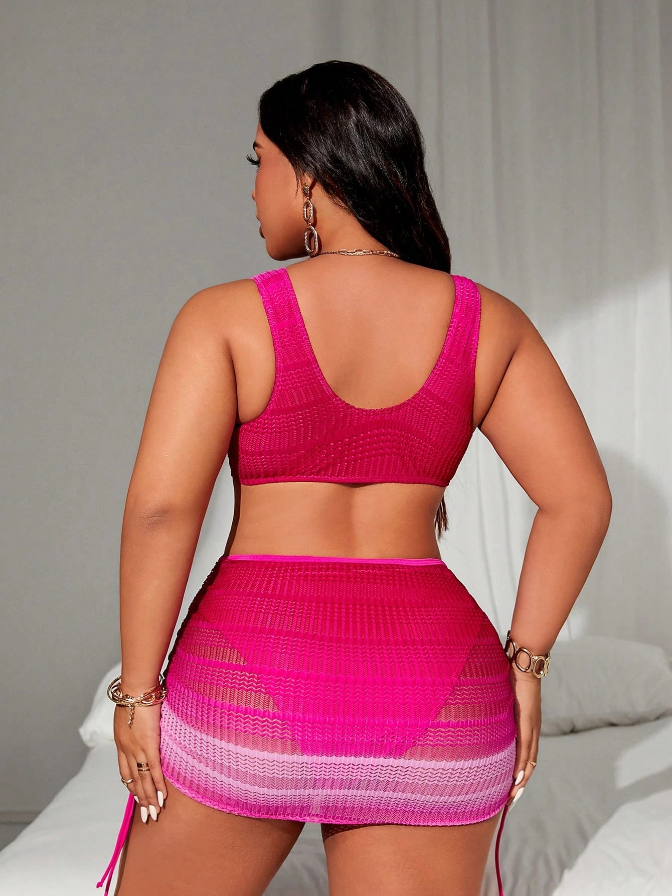 Swim Curve Plus Size Women 2pcs Ombre Color Wide Strap Waist Hollow Out Drawstring Split Sexy Fashion Swimsuit Set