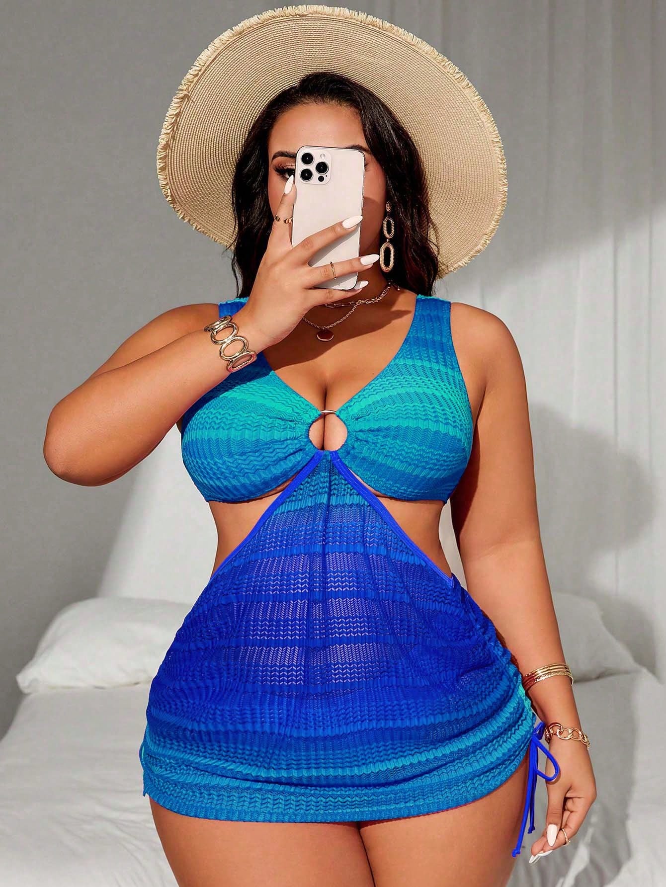 Swim Curve Plus Size Women 2pcs Ombre Color Wide Strap Waist Hollow Out Drawstring Split Sexy Fashion Swimsuit Set