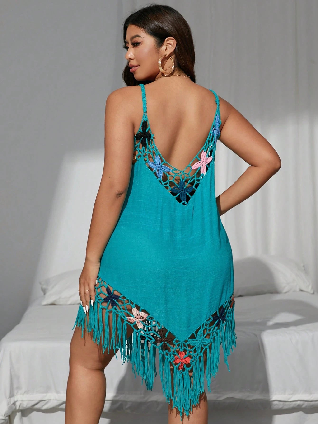 Swim Curve Plus Size Women's Handmade Crochet & Woven Patchwork Sleeveless Coverup Dress,Skirts,Suit, Swim,Vacation Outfits Woman For Summer