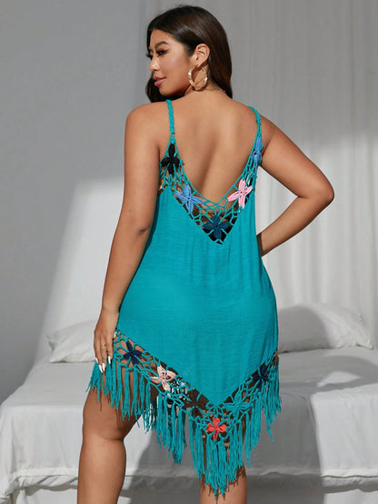 Swim Curve Plus Size Women's Handmade Crochet & Woven Patchwork Sleeveless Coverup Dress,Skirts,Suit, Swim,Vacation Outfits Woman For Summer
