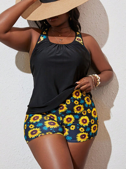 Swim Curve Summer Beach Plus Size Sunflower Print Shorts Tankini