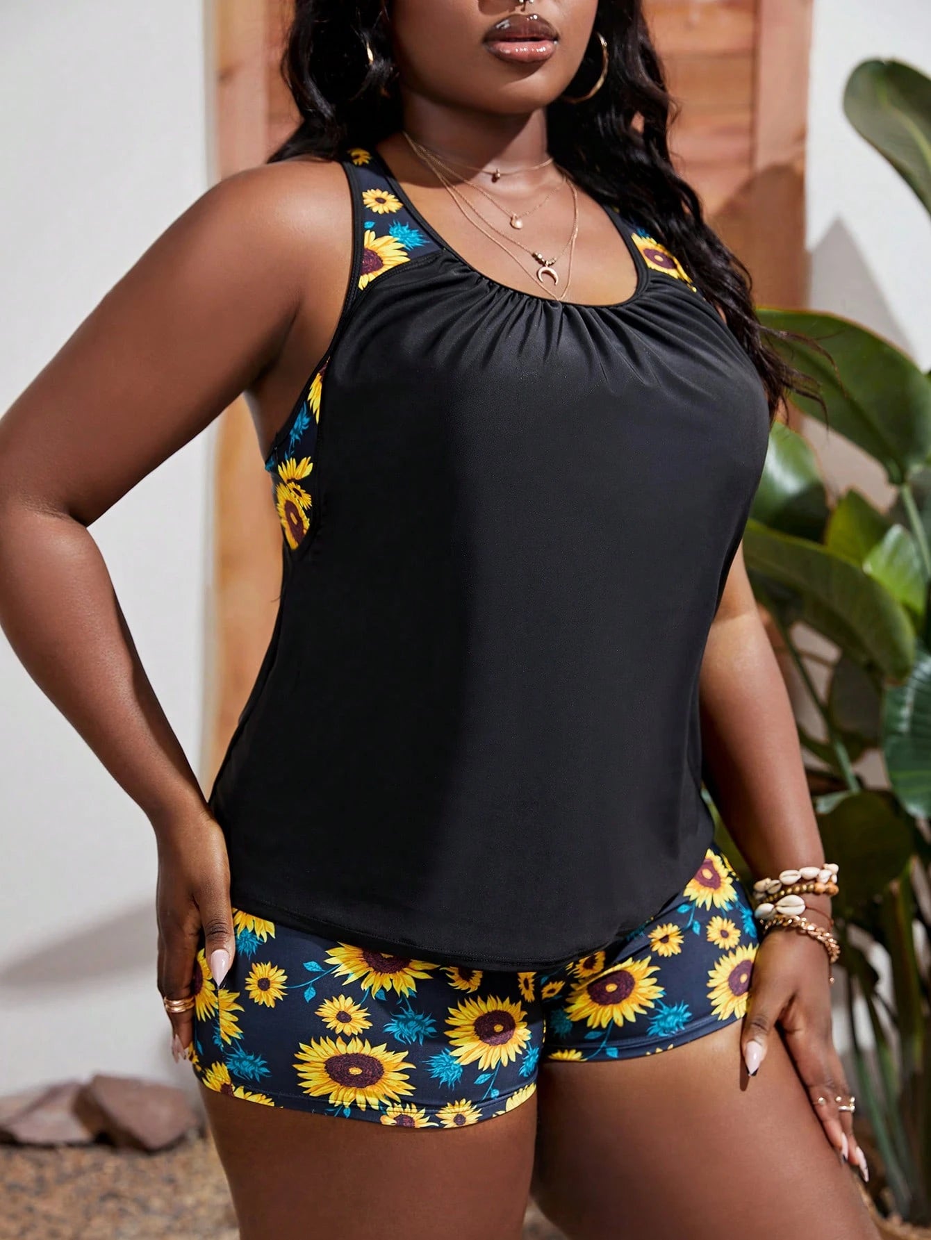Swim Curve Summer Beach Plus Size Sunflower Print Shorts Tankini