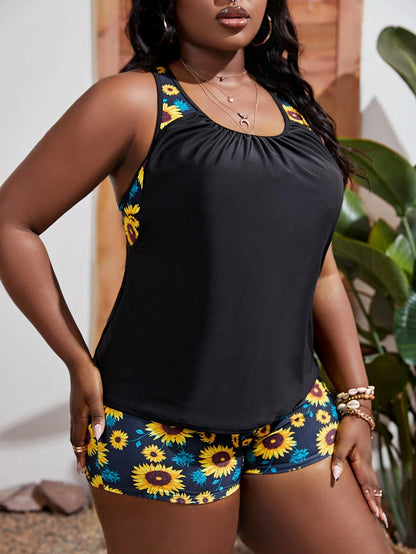 Swim Curve Summer Beach Plus Size Sunflower Print Shorts Tankini