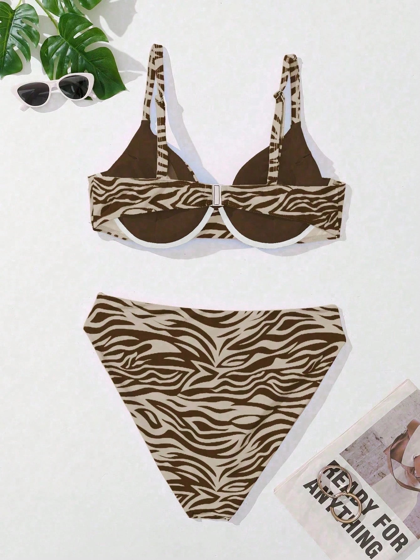 Swim Curve Summer Beach Plus Size Zebra Print V-Neck Bikini Set