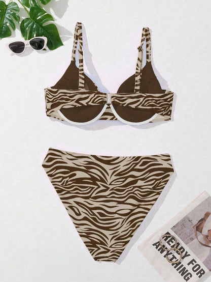 Swim Curve Summer Beach Plus Size Zebra Print V-Neck Bikini Set
