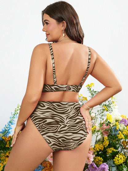 Swim Curve Summer Beach Plus Size Zebra Print V-Neck Bikini Set