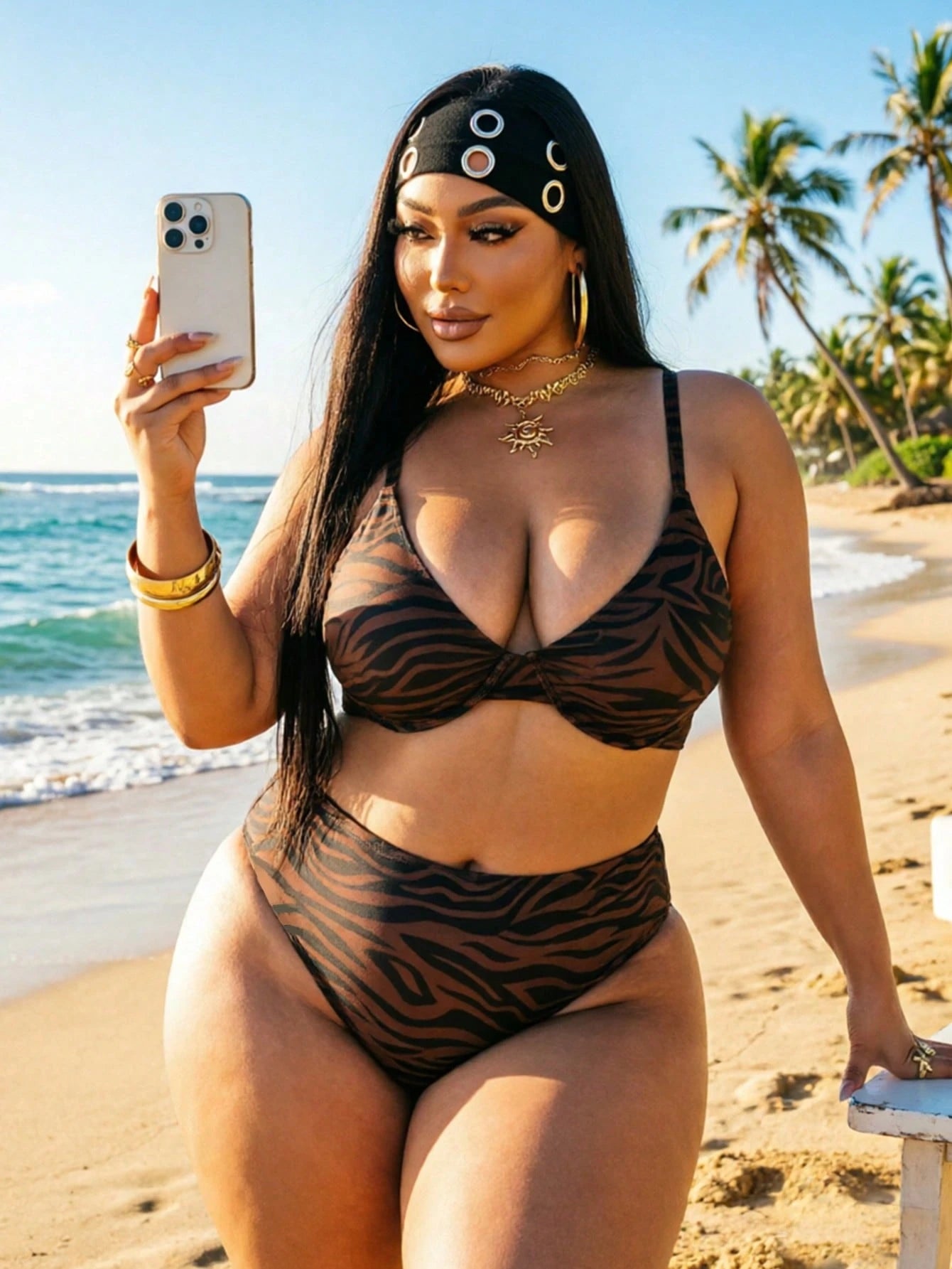 Swim Curve Summer Beach Plus Size Zebra Print V-Neck Bikini Set