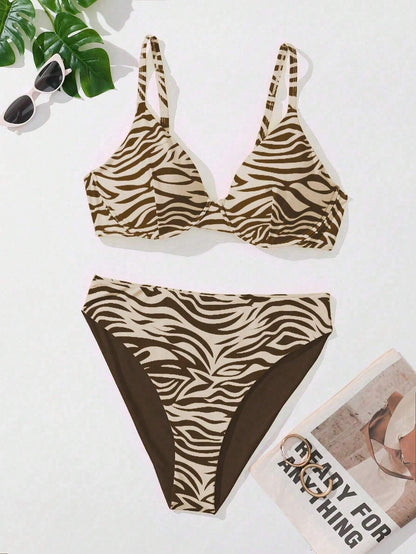 Swim Curve Summer Beach Plus Size Zebra Print V-Neck Bikini Set