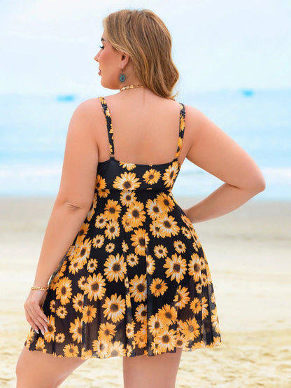 Swim Lushoire 1pc Plus Size Women Sunflower Print Casual Holiday One-Piece Swim Dress, For Summer Beach Vacation