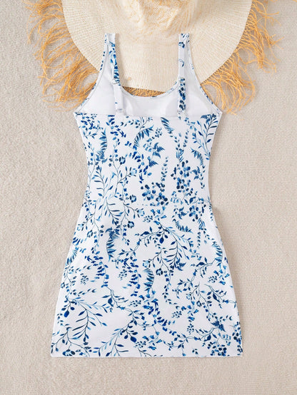 Swim Lushoire 1pc Women Plants Print Tie Side One-Piece Swimsuit, For Summer Beach Vacation