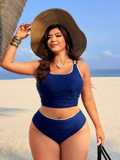 Swim Lushoire 2026 Plus Size Women Summer Vacation Sexy Beach Solid Color Adjustable Strap Bikini Two Pieces Swimwear Navy Blue