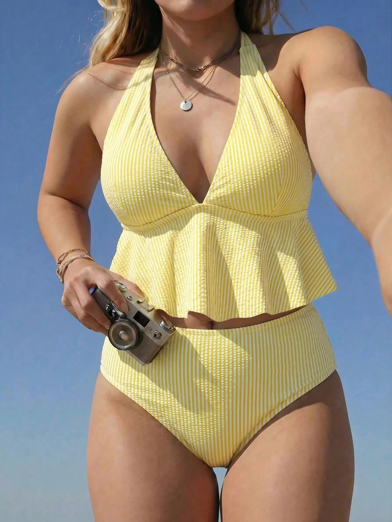 Swim Lushoire 2026 Spring/Summer Hot-Selling New Special Fabric 2-Piece Detachable Padded Bikini Set, Sexy Deep V-Neck With Shoulder Straps And Cute Bow, Unique Skirt-Style Top And Traditional High-Wa
