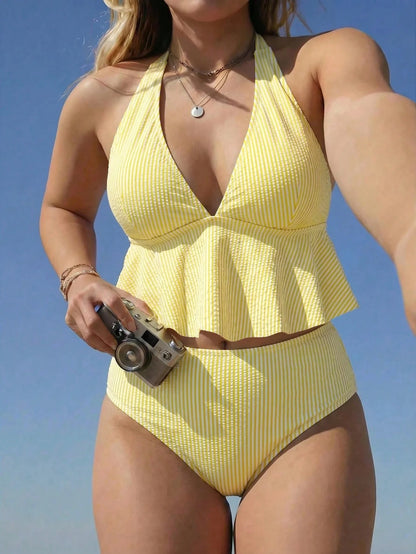Swim Lushoire 2026 Spring/Summer Hot-Selling New Special Fabric 2-Piece Detachable Padded Bikini Set, Sexy Deep V-Neck With Shoulder Straps And Cute Bow, Unique Skirt-Style Top And Traditional High-Wa