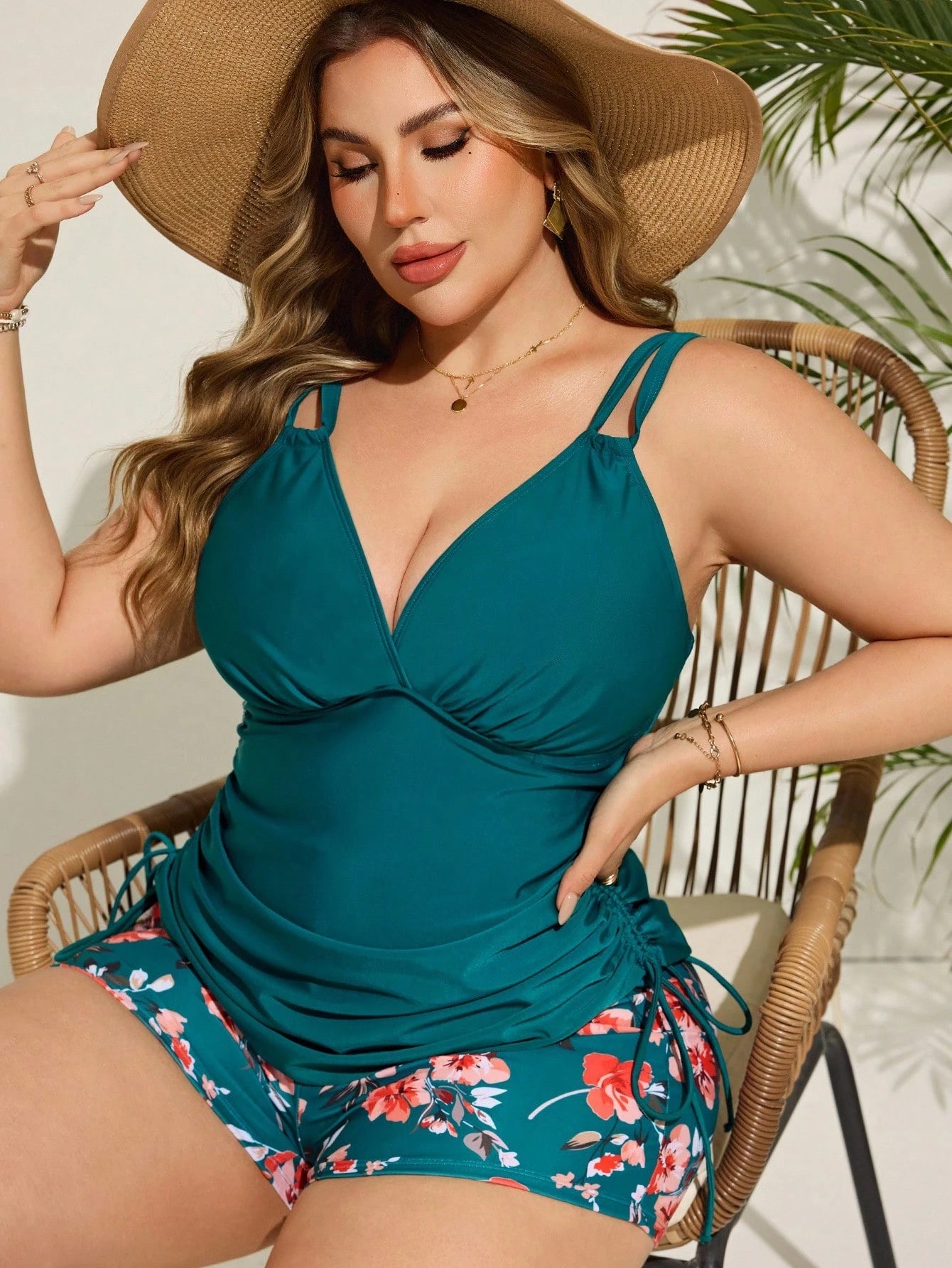 Swim Lushoire 2pcs Plus Size Women's Teal Blue Spaghetti Strap Drawstring Side Top And Botanical Print Boyshort Bottoms Set, Summer Beach Holiday
