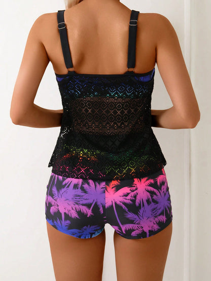 Swim Lushoire 2pcs/Set Women Bikini Swimsuit, Gradiant Coconut Tree Print Camisole Tank Top And Shorts, Summer