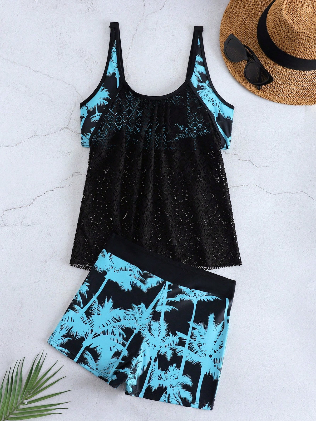 Swim Lushoire 2pcs/Set Women Bikini Swimsuit, Gradiant Coconut Tree Print Camisole Tank Top And Shorts, Summer