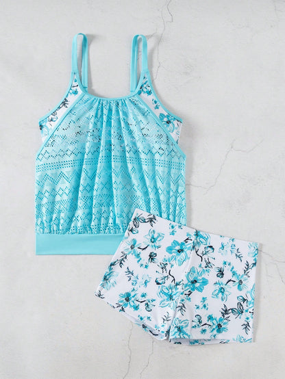 Swim Lushoire Beach 2pcs Set, Women Summer Random Floral Print Tankini Top With Mesh Tummy Control And Briefs Shorts Swimsuit Teal