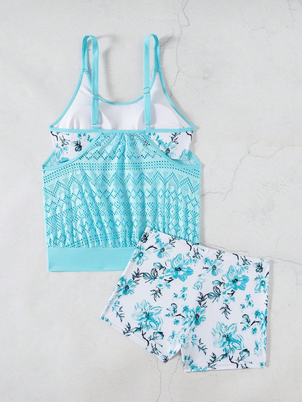 Swim Lushoire Beach 2pcs Set, Women Summer Random Floral Print Tankini Top With Mesh Tummy Control And Briefs Shorts Swimsuit Teal