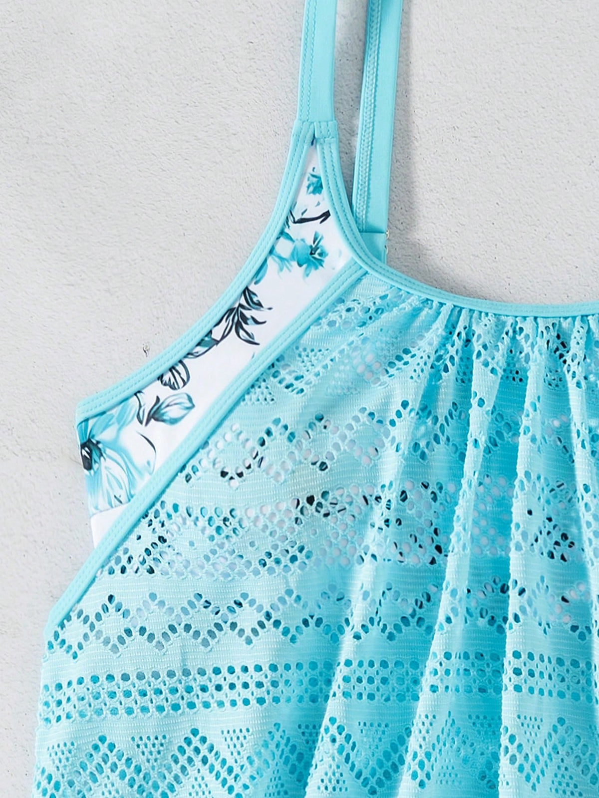 Swim Lushoire Beach 2pcs Set, Women Summer Random Floral Print Tankini Top With Mesh Tummy Control And Briefs Shorts Swimsuit Teal