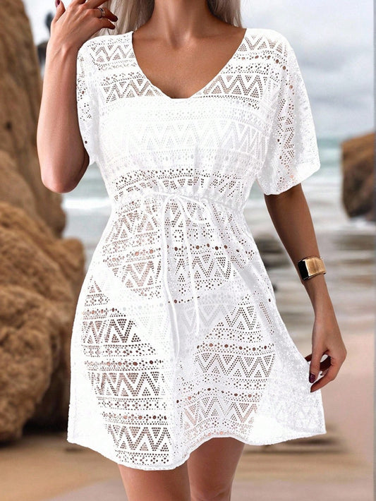Swim Lushoire Hollow Out Drawstring Waist Cover Up Dress Without Bikini Summer