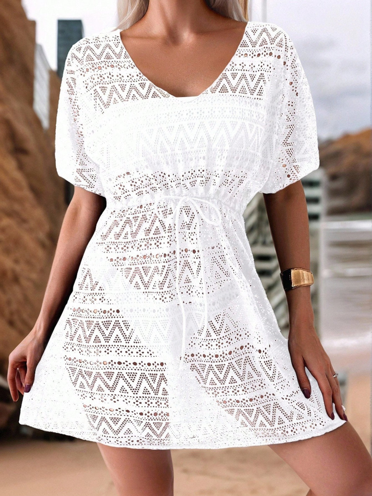 Swim Lushoire Hollow Out Drawstring Waist Cover Up Dress Without Bikini Summer