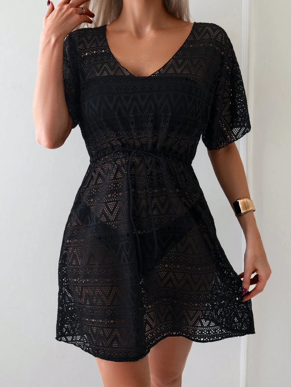 Swim Lushoire Hollow Out Drawstring Waist Cover Up Dress Without Bikini Summer