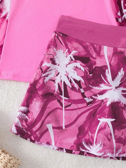 Swim Lushoire New Fashion Printed Beach Beach Party Vacation Swimwear Set For Women Pink Summer Tropical