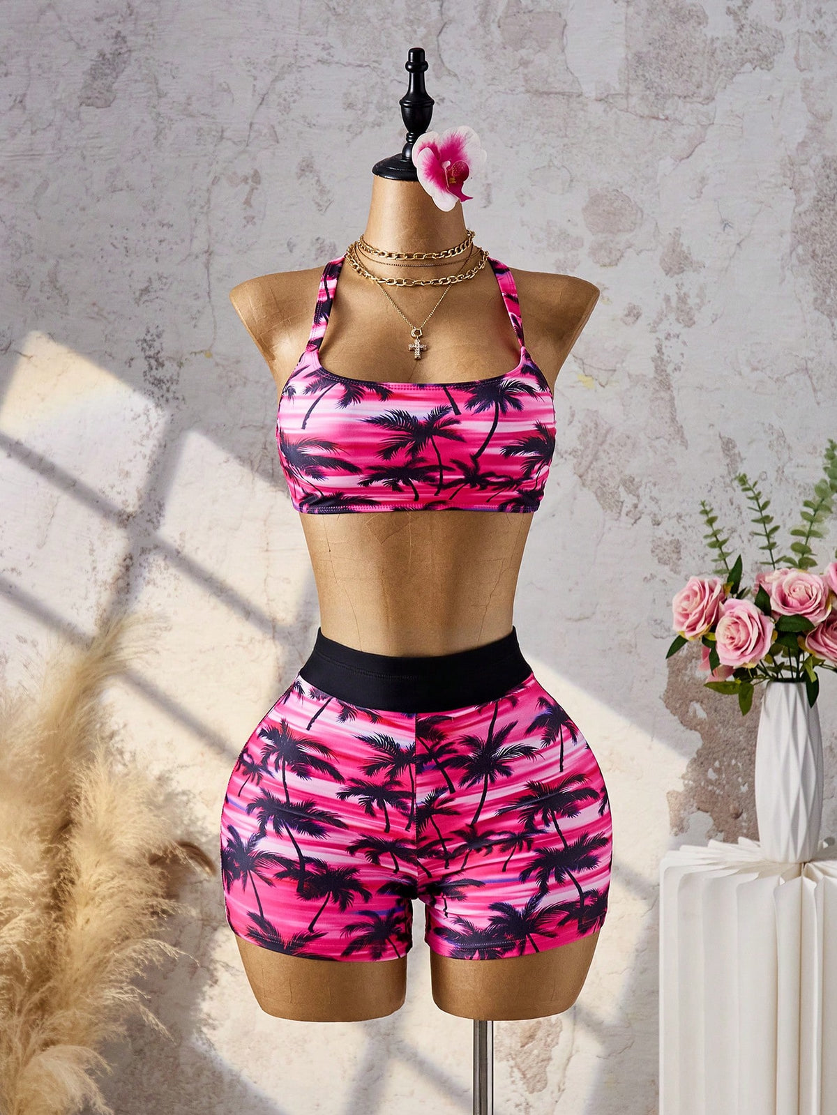 Swim Lushoire New Pink Coconut Print Swimsuit, Backless Tie-Up Sporty Conservative Swimwear For Women, Black Outer Layer + Backless Inner Layer + Boy Shorts, Slimming And Tummy-Covering Vacation Swimw