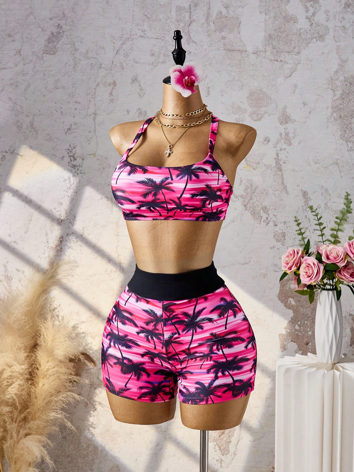 Swim Lushoire New Pink Coconut Print Swimsuit, Backless Tie-Up Sporty Conservative Swimwear For Women, Black Outer Layer + Backless Inner Layer + Boy Shorts, Slimming And Tummy-Covering Vacation Swimw