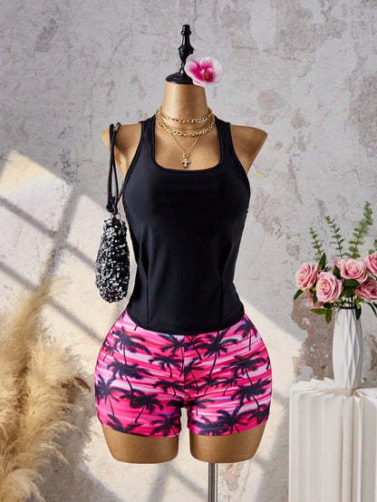 Swim Lushoire New Pink Coconut Print Swimsuit, Backless Tie-Up Sporty Conservative Swimwear For Women, Black Outer Layer + Backless Inner Layer + Boy Shorts, Slimming And Tummy-Covering Vacation Swimw