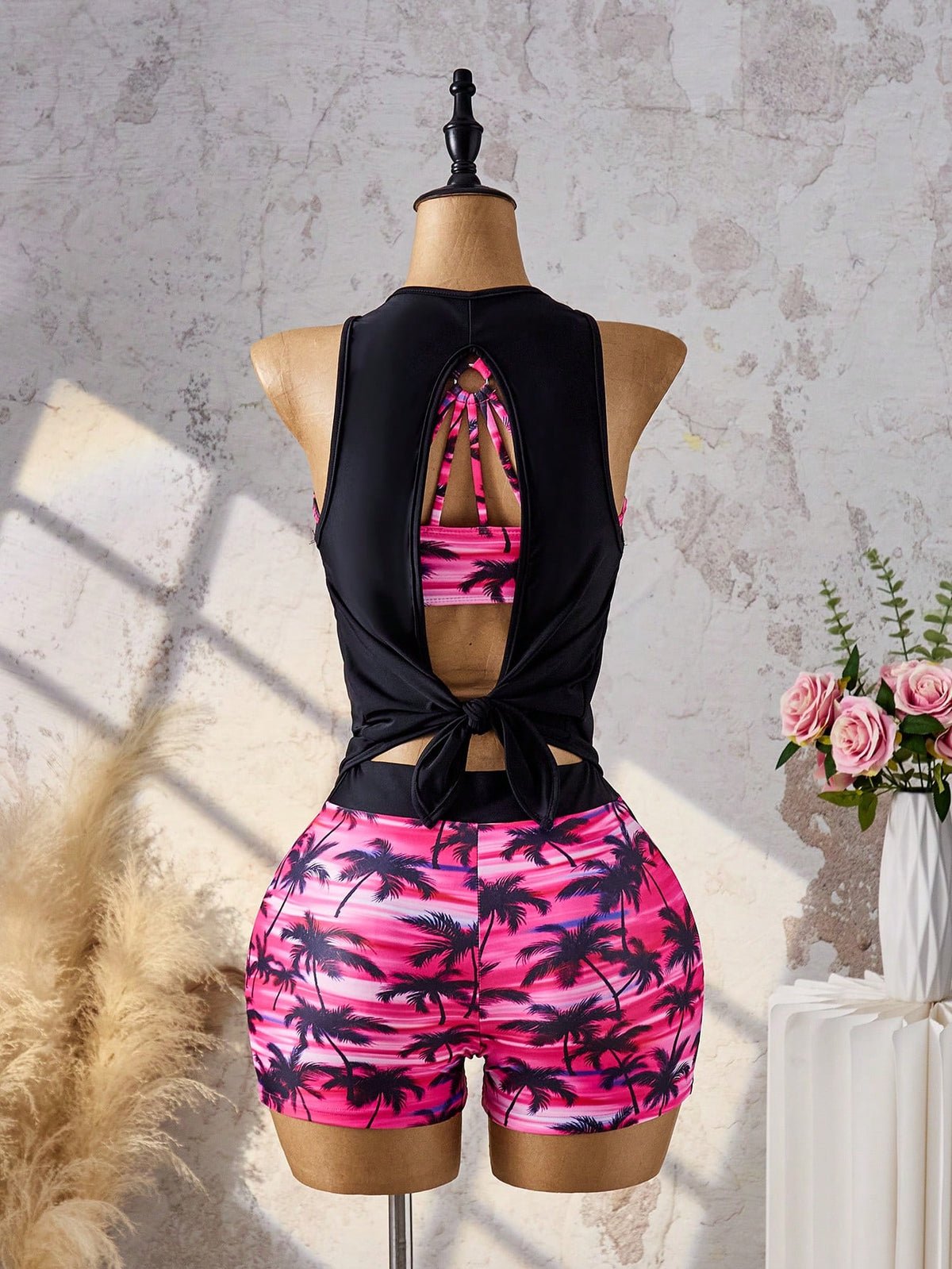 Swim Lushoire New Pink Coconut Print Swimsuit, Backless Tie-Up Sporty Conservative Swimwear For Women, Black Outer Layer + Backless Inner Layer + Boy Shorts, Slimming And Tummy-Covering Vacation Swimw