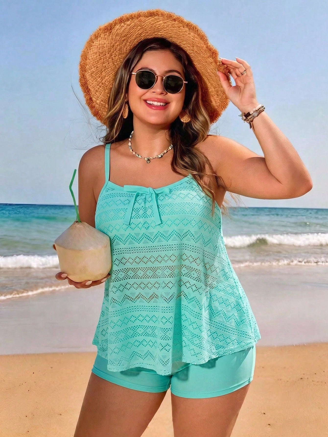 Swim Lushoire New Women's Plus Size Multi-Color Print Spaghetti Strap Top And Flat Leg Opening Slimming Hip-Lifting Two Pieces Vacation Casual Swimwear