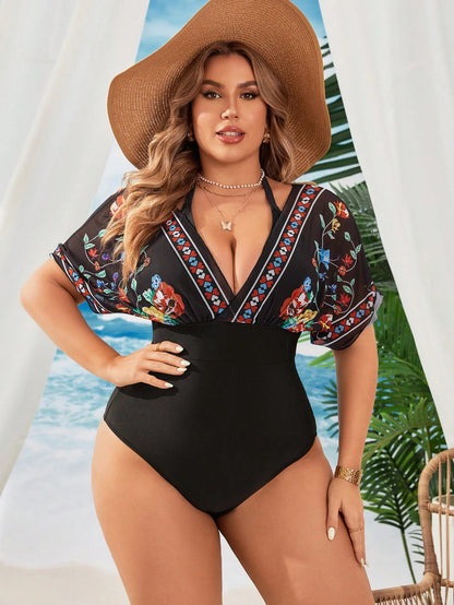Swim Lushoire Plus Size Backless Floral Printed One-Piece Swimsuit With Back Tie For Summer Beach