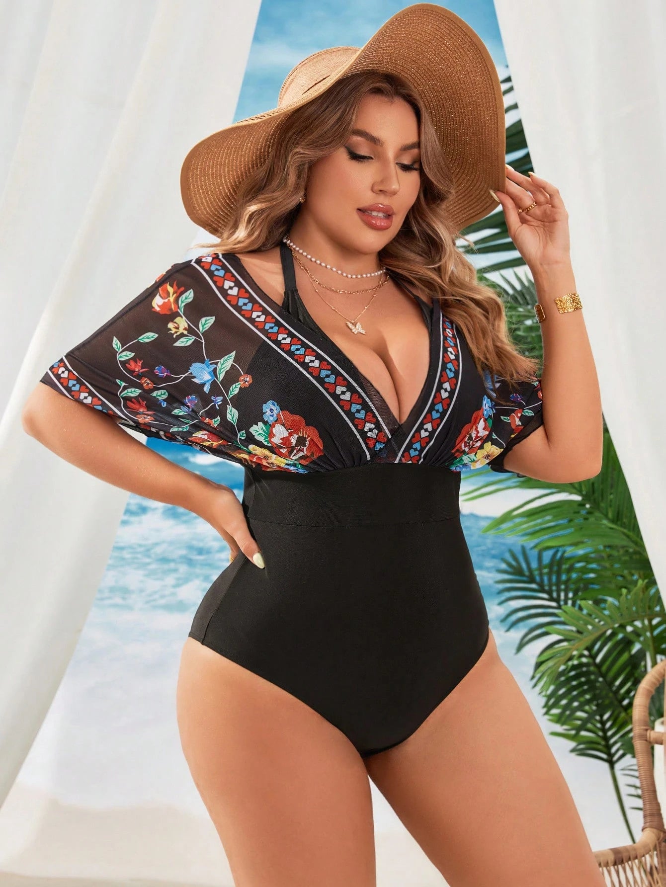 Swim Lushoire Plus Size Backless Floral Printed One-Piece Swimsuit With Back Tie For Summer Beach