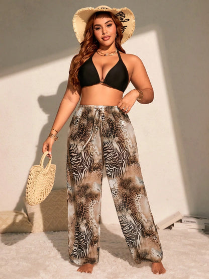 Swim Lushoire Plus Size Holiday Beac Animal Print Coverup Top And Long Pants Set For Summer Beach Vacation