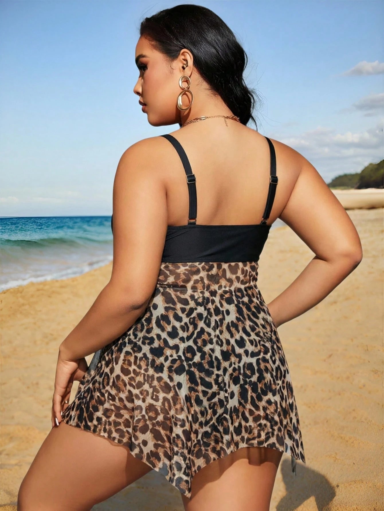 Swim Lushoire Plus Size Leopard Print Patchwork Tankini Set For Vacation Beach