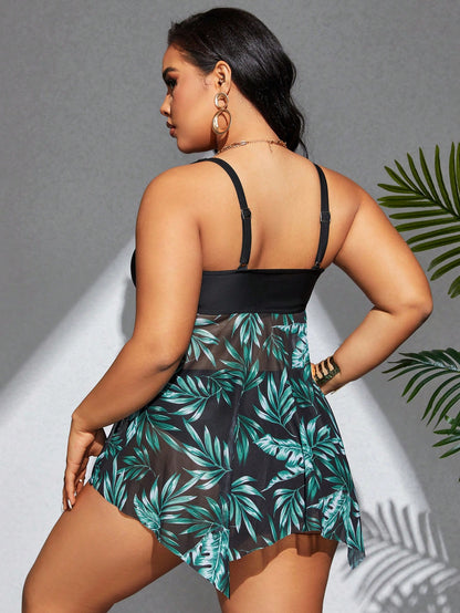 Swim Lushoire Plus Size Leopard Print Patchwork Tankini Set For Vacation Beach