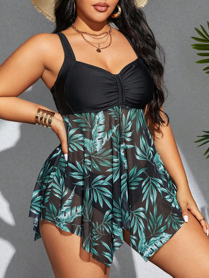 Swim Lushoire Plus Size Leopard Print Patchwork Tankini Set For Vacation Beach
